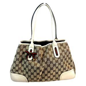 Gucci Vintage GG Canvas Shoulder Bag White Leather Trim Web Bow Medium Tote